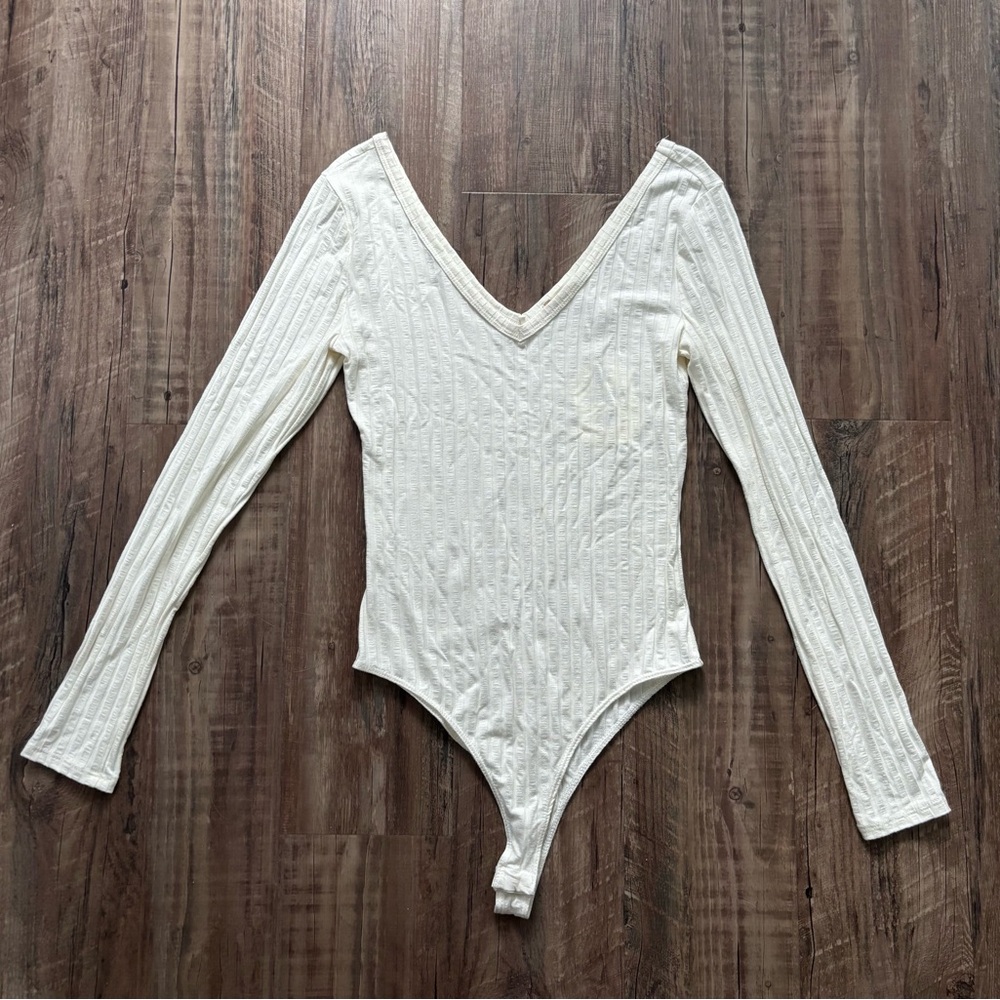 Altar'd State Cream Ribbed Long Sleeve Bodysuit